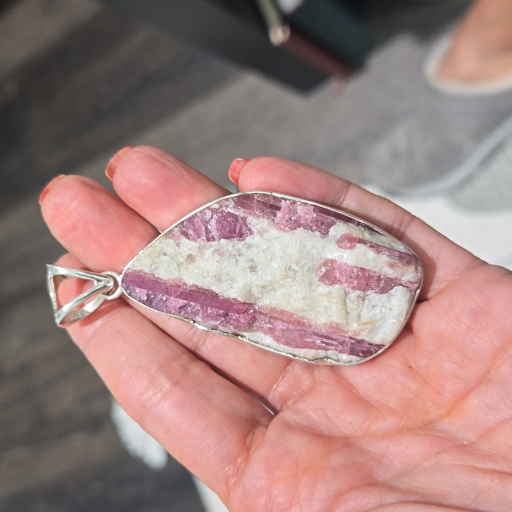 Fine Silver Raw Pink Tourmaline Pendant, Charles Albert